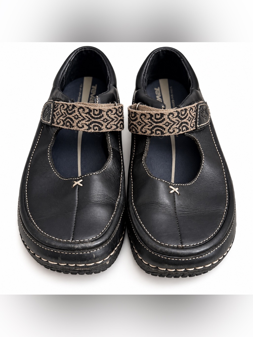 Teva Women’s Black Leather Mary Jane Shoes Patterned Strap Size 5M EU 35.5